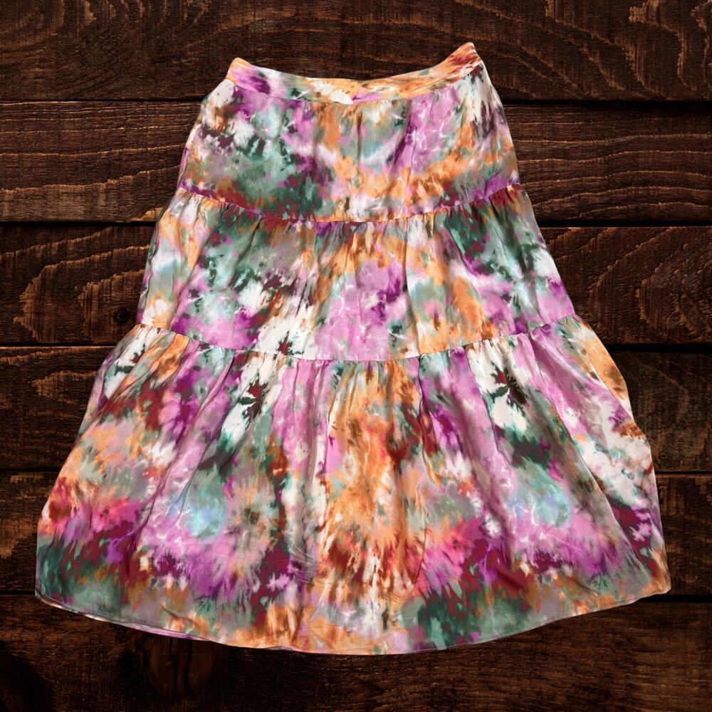 Anthropologie Kachel 100% Silk Abstract Tie-Dye Tiered Midi Skirt Size 10 - Picture 2 of 9